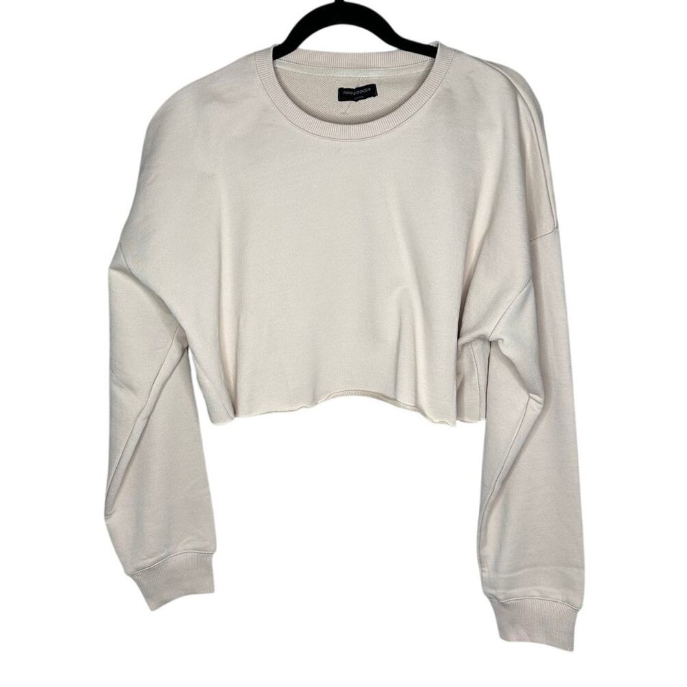 Naked Wardrobe NWT Sand Cropped Sweatshirt Beige Raw Hem Pullover Size L Beige